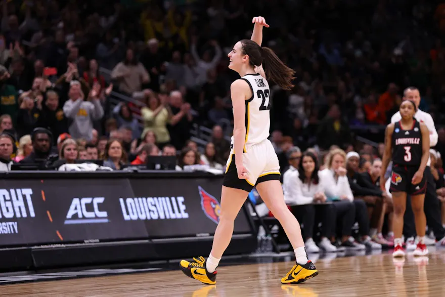 Caitlin Clark of the Iowa Hawkeyes reacts during the fourth quarter in the Elite Eight round of the NCAA Women's Basketball Tournament at Climate Pledge Arena in Seattle, Washington. Photo by Steph Chambers/Getty Images via AFP.