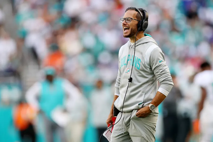 Head coach Mike McDaniel looks on from the sidelines during the game against the Buffalo Bills at Hard Rock Stadium on September 25, 2022 in Miami Gardens, Florida.