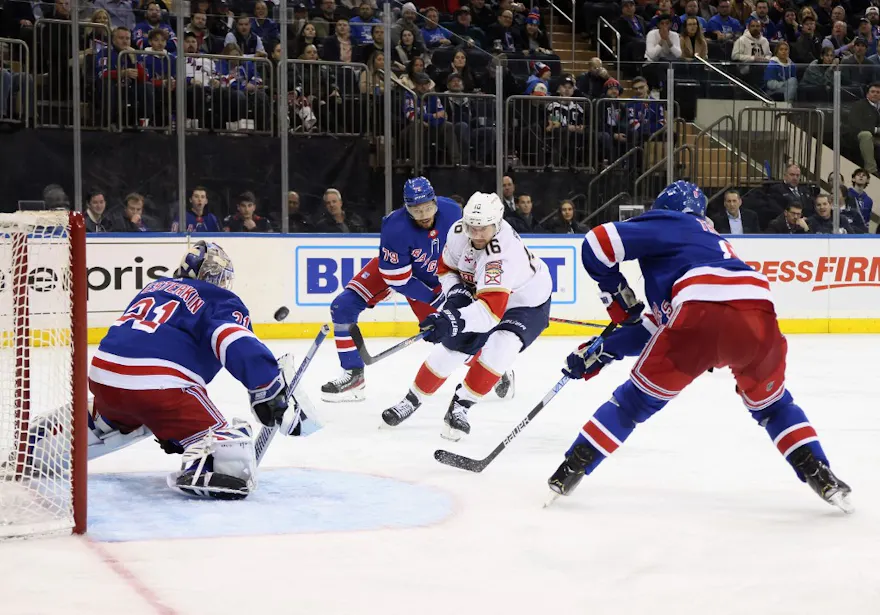 Igor Shesterkin of the New York Rangers stops Aleksander Barkov of the Florida Panthers at Madison Square Garden on Jan. 23, 2023 in New York City.