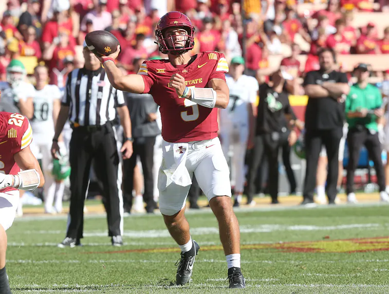 Iowa State Cyclones quarterback Rocco Becht passes the ball against North Dakota during the fourth quarter as we look at our Texas Tech vs. Iowa State prediction.
