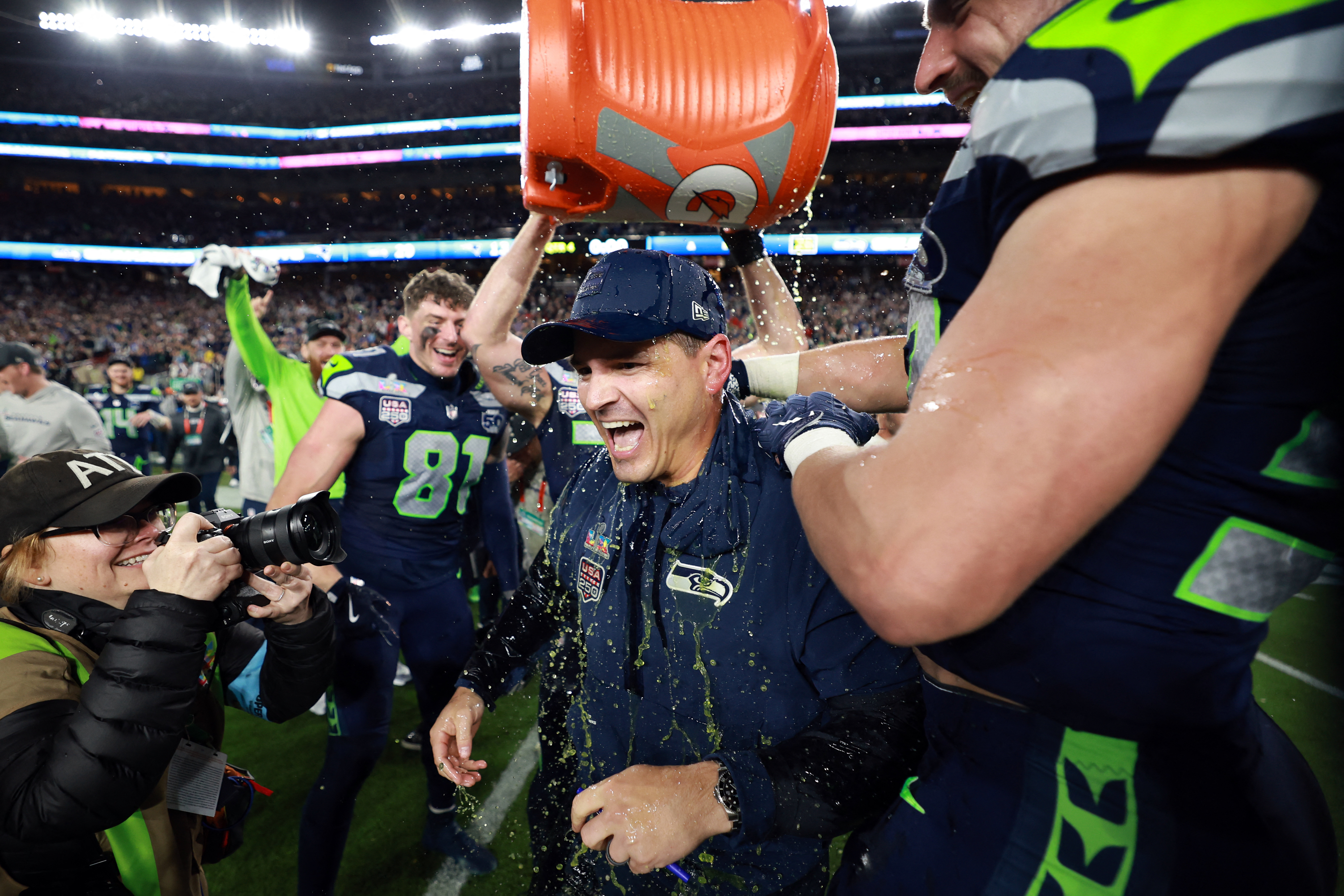 Seattle Seahawks head coach Mike MacDonald is doused with gatorade after defeating the New England Patriots as we break down the Super Bowl stats.