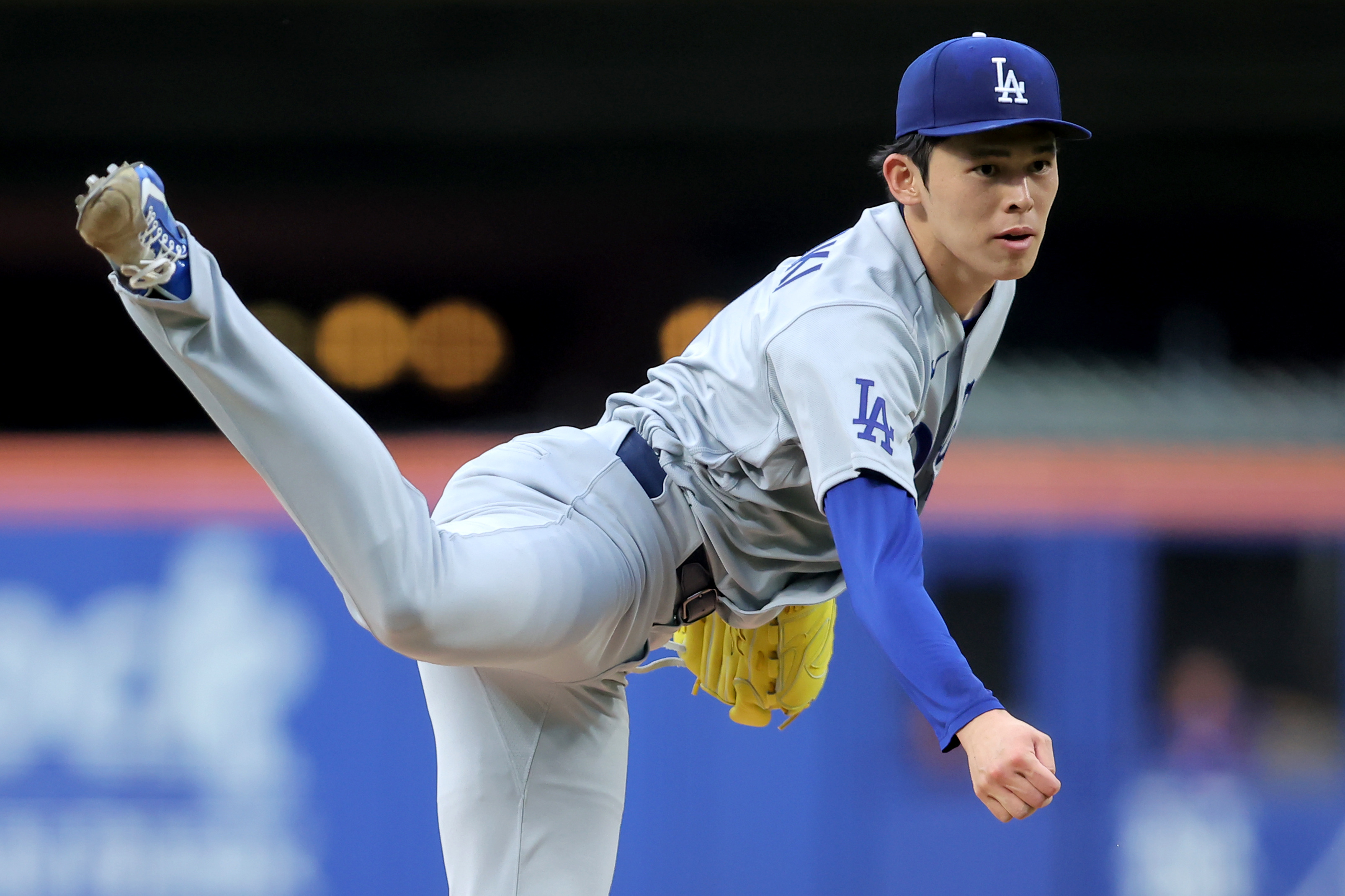 Los Angeles Dodgers starting pitcher Roki Sasaki (11) follows through on a pitch as he is featured in our Mariners vs. Dodgers win probability.