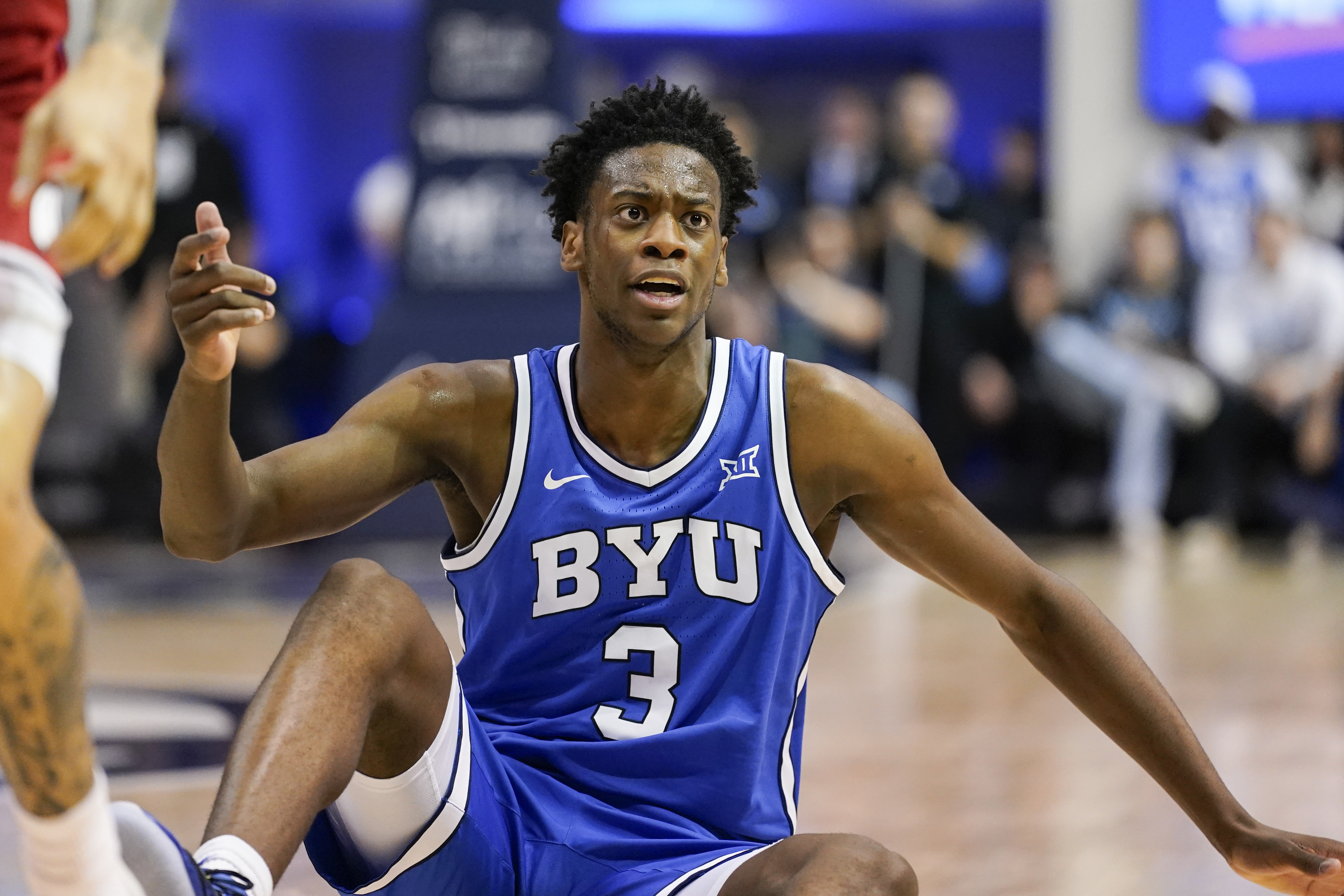 BYU forward AJ Dybantsa (3) reacts as we provide our Houston vs. BYU prediction.