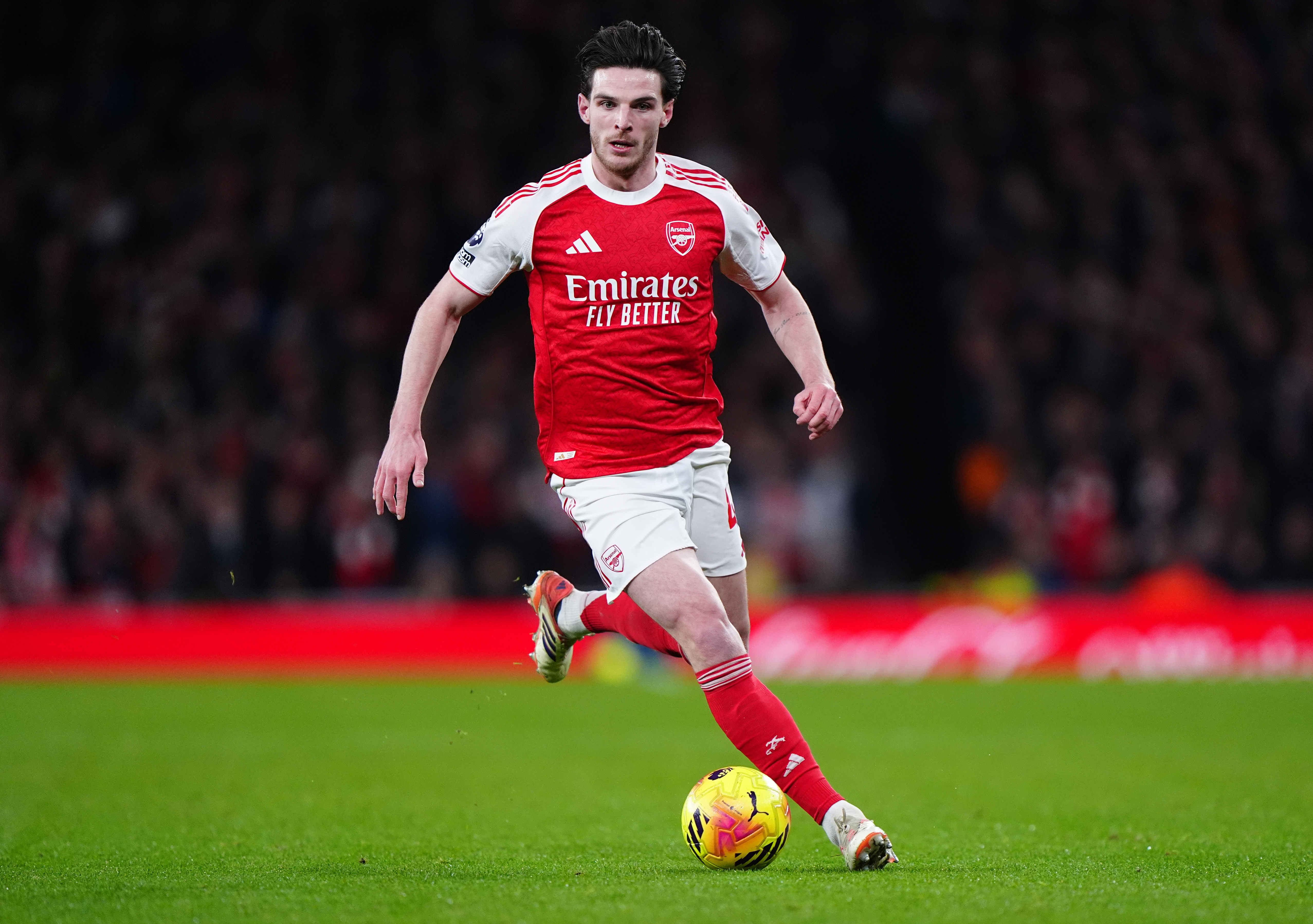 Arsenal's Declan Rice at the Emirates Stadium as we offer our Arsenal vs. Wolves prediction. 