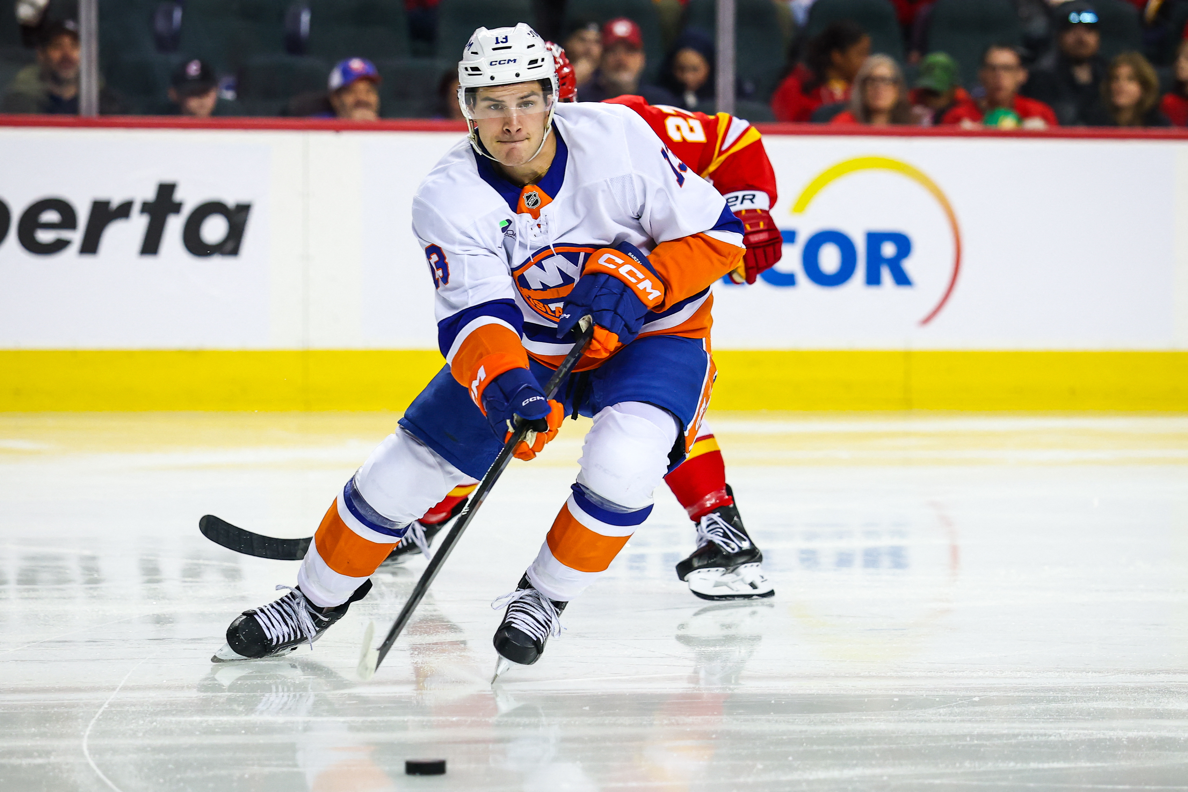 Mathew Barzal controls the puck as we offer our Islanders vs. Kraken prediction, picks and best bets.