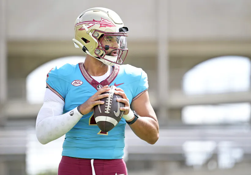 Florida State quarterback DJ Uiagalelei during the Seminoles Spring Showcase. We're breaking down our top DJ Uiagalelei player props for Week 0.