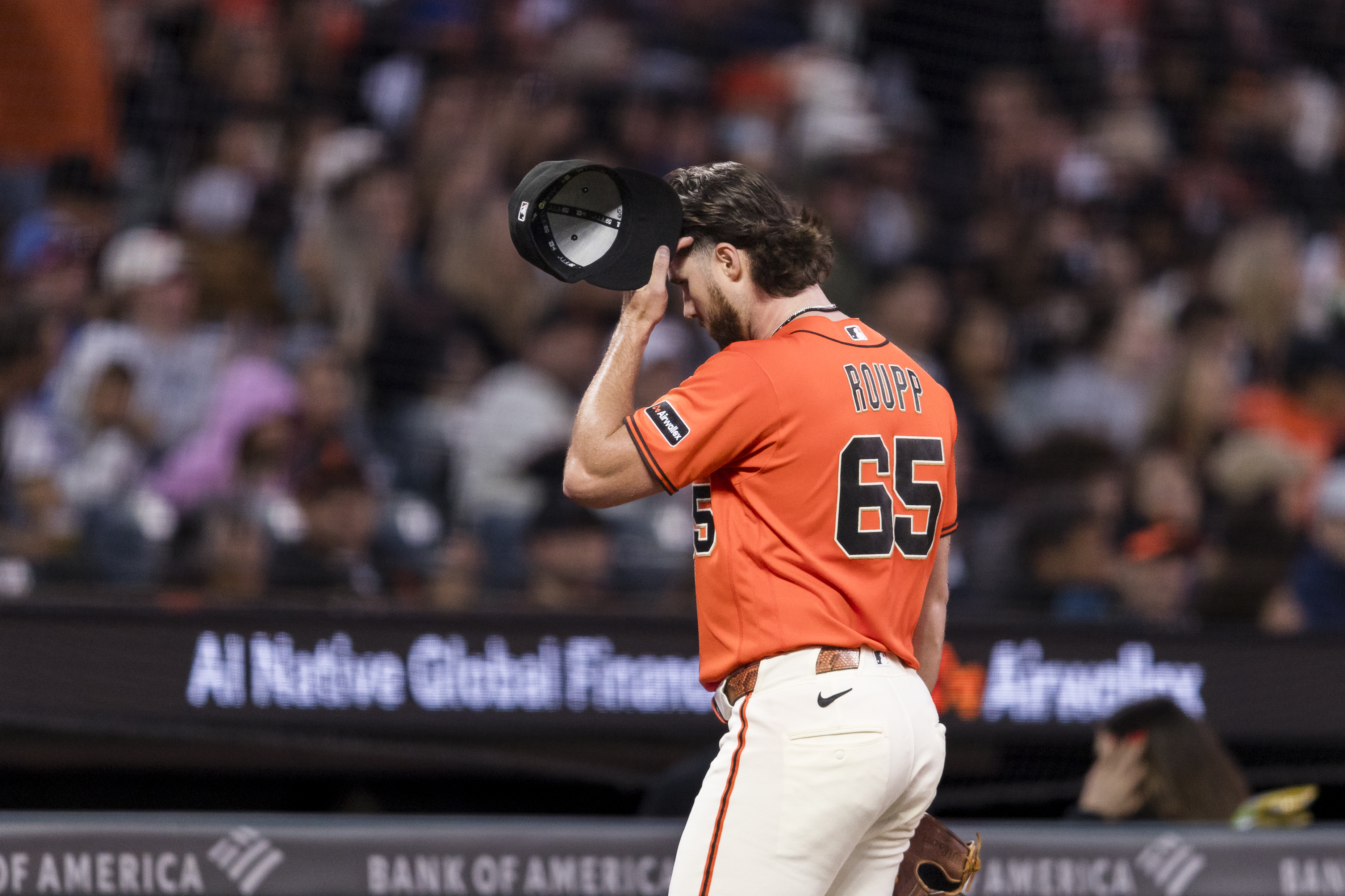 San Francisco Giants starting pitcher Landen Roupp - who we're fading in our best strikeout props today - leaves the field.