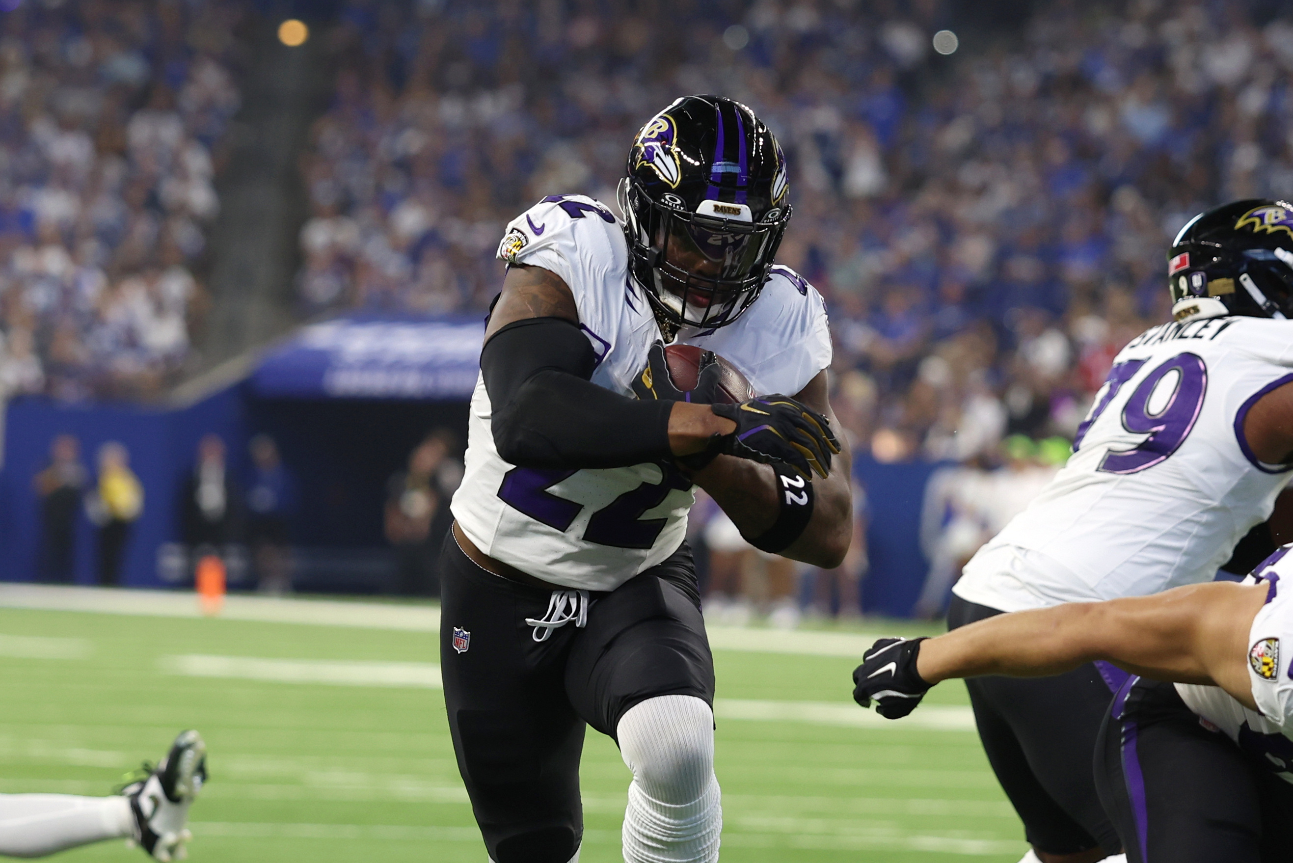 Ravens running back Derrick Henry (22) runs with the ball as we break down our Ravens vs. Falcons same-game parlay.
