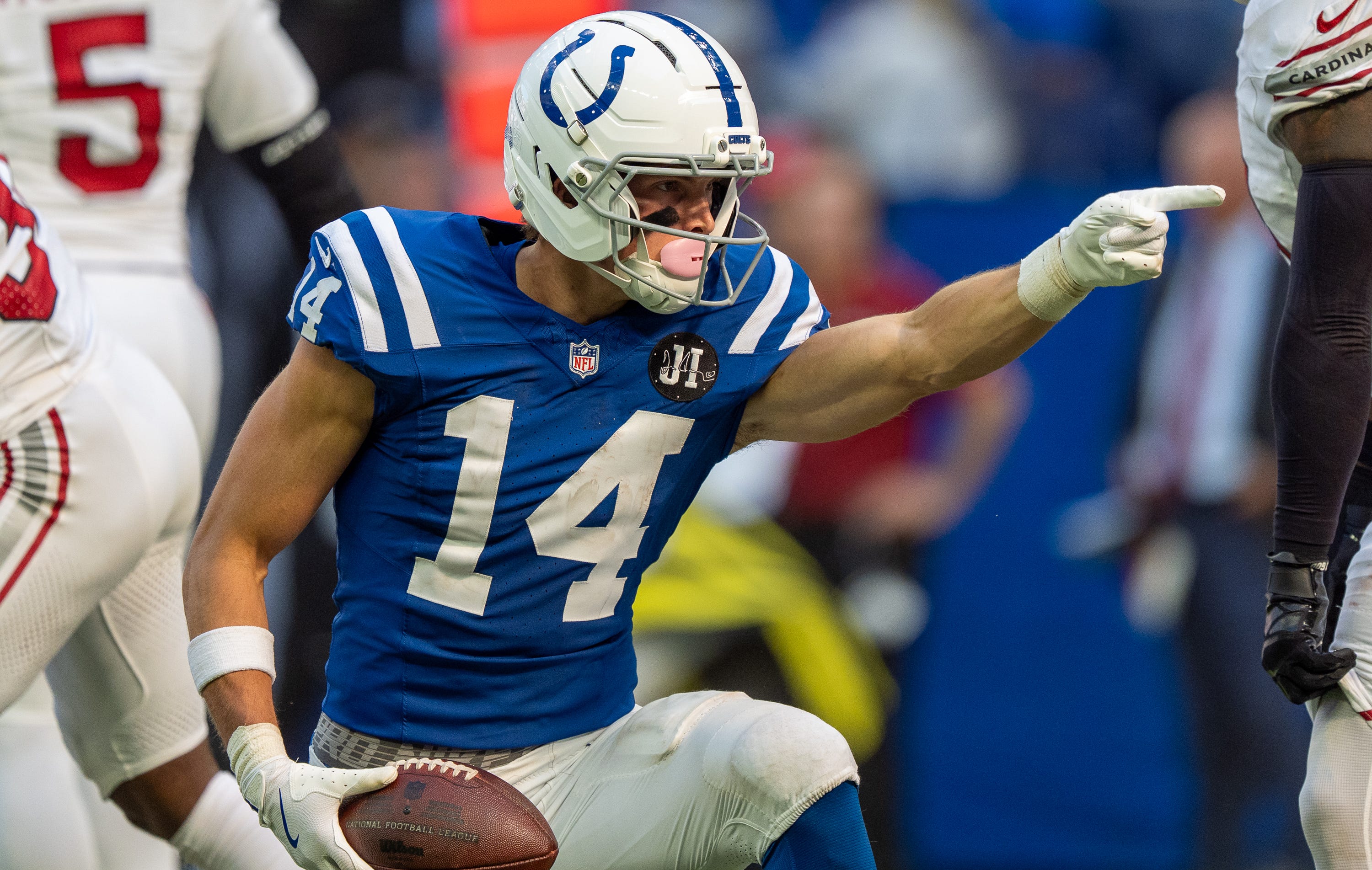 Indianapolis Colts wide receiver Alec Pierce (14) signals a first down after a catch as we look at our anytime touchdown scorer predictions for Monday Night Football