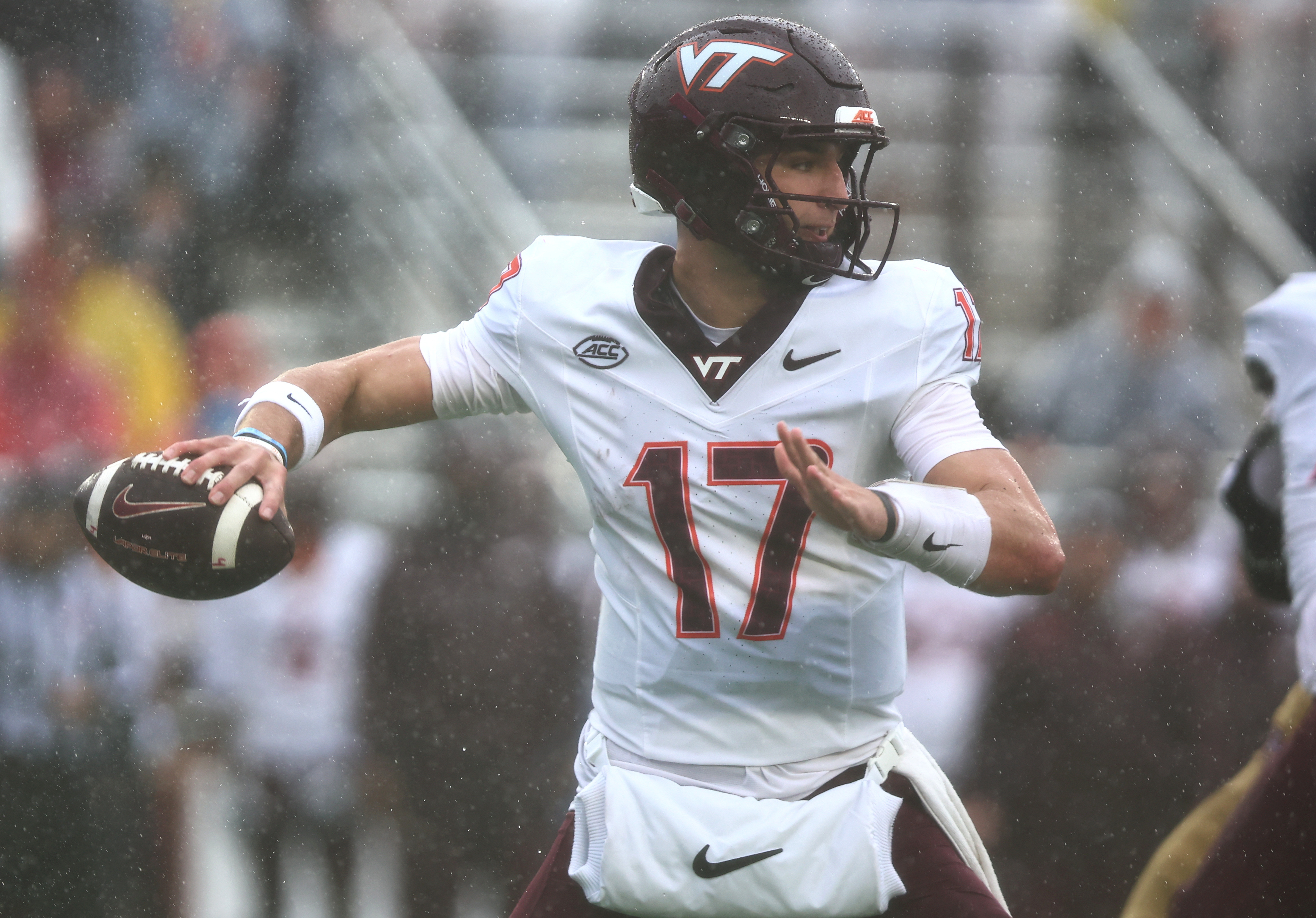 Virginia Tech Hokies quarterback Ethan Grunkemeyer (17) throws in the first half as he is featured in our Pittsburgh vs. Virginia Tech prediction.