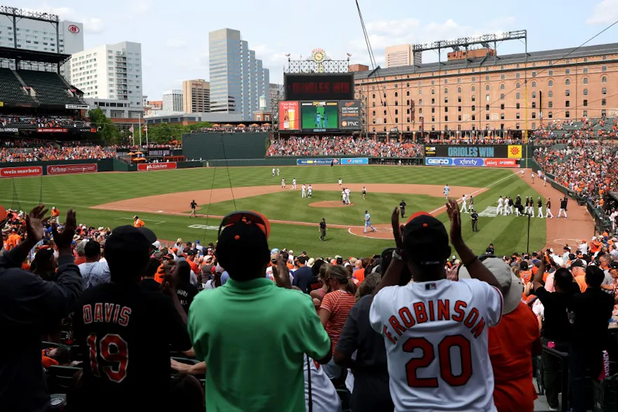 Fans cheer after the Baltimore Orioles defeated the Toronto Blue Jays at Oriole Park at Camden Yards. 