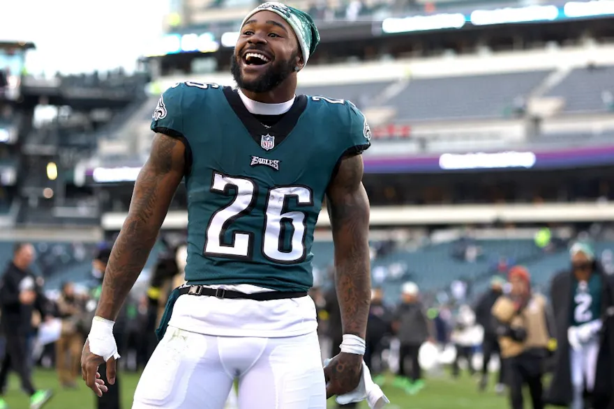 Miles Sanders of the Philadelphia Eagles celebrates after defeating the Tennessee Titans at Lincoln Financial Field.