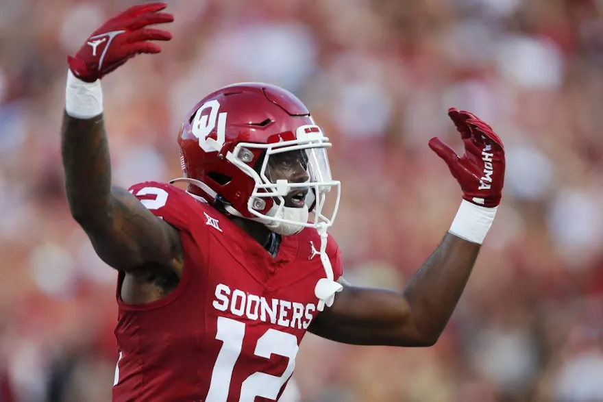 Defensive back Key Lawrence #12 of the Oklahoma Sooners celebrates as we make our best Oklahoma-Texas prediction.
