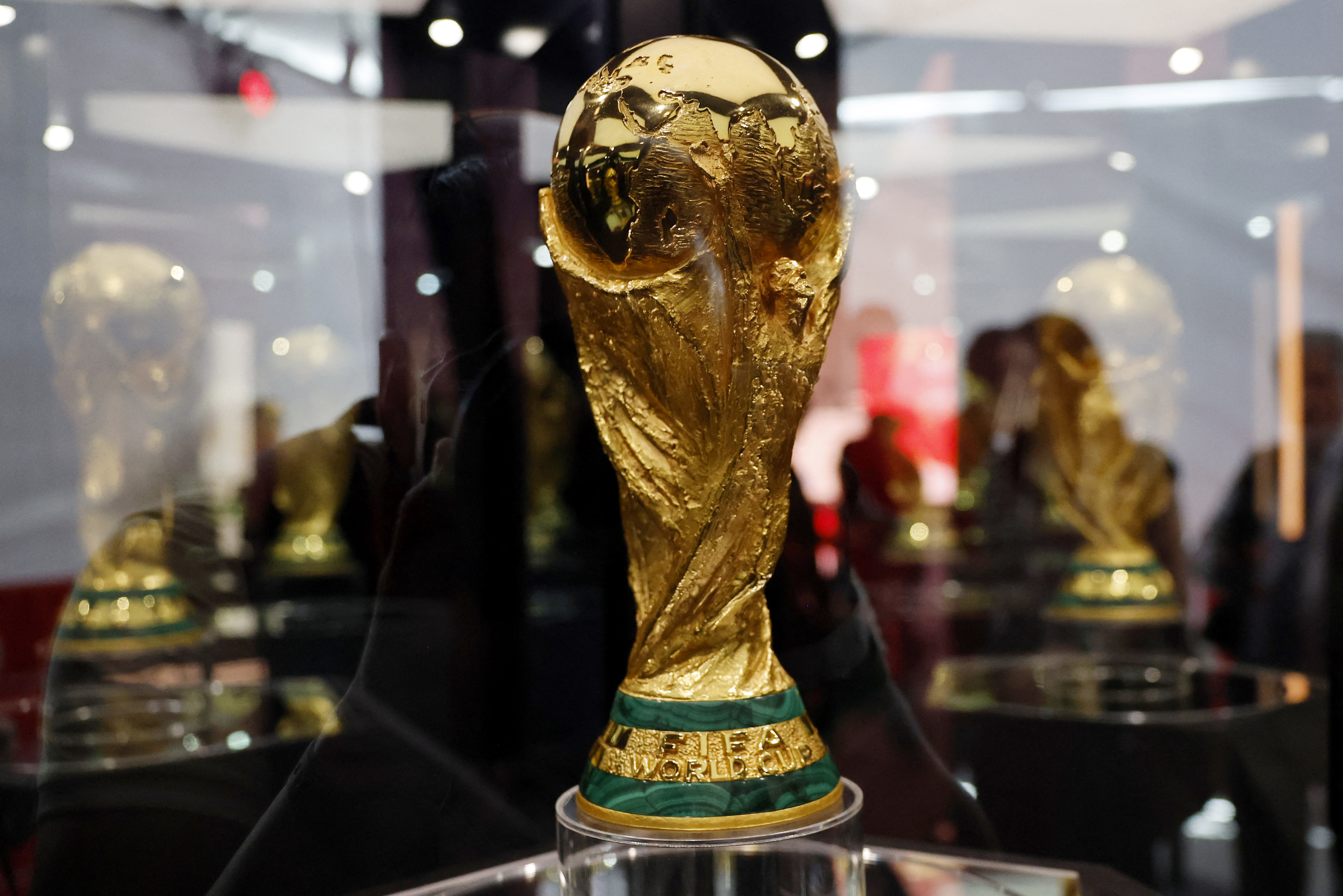 General view of the World Cup trophy on display in Monterrey, Mexico.