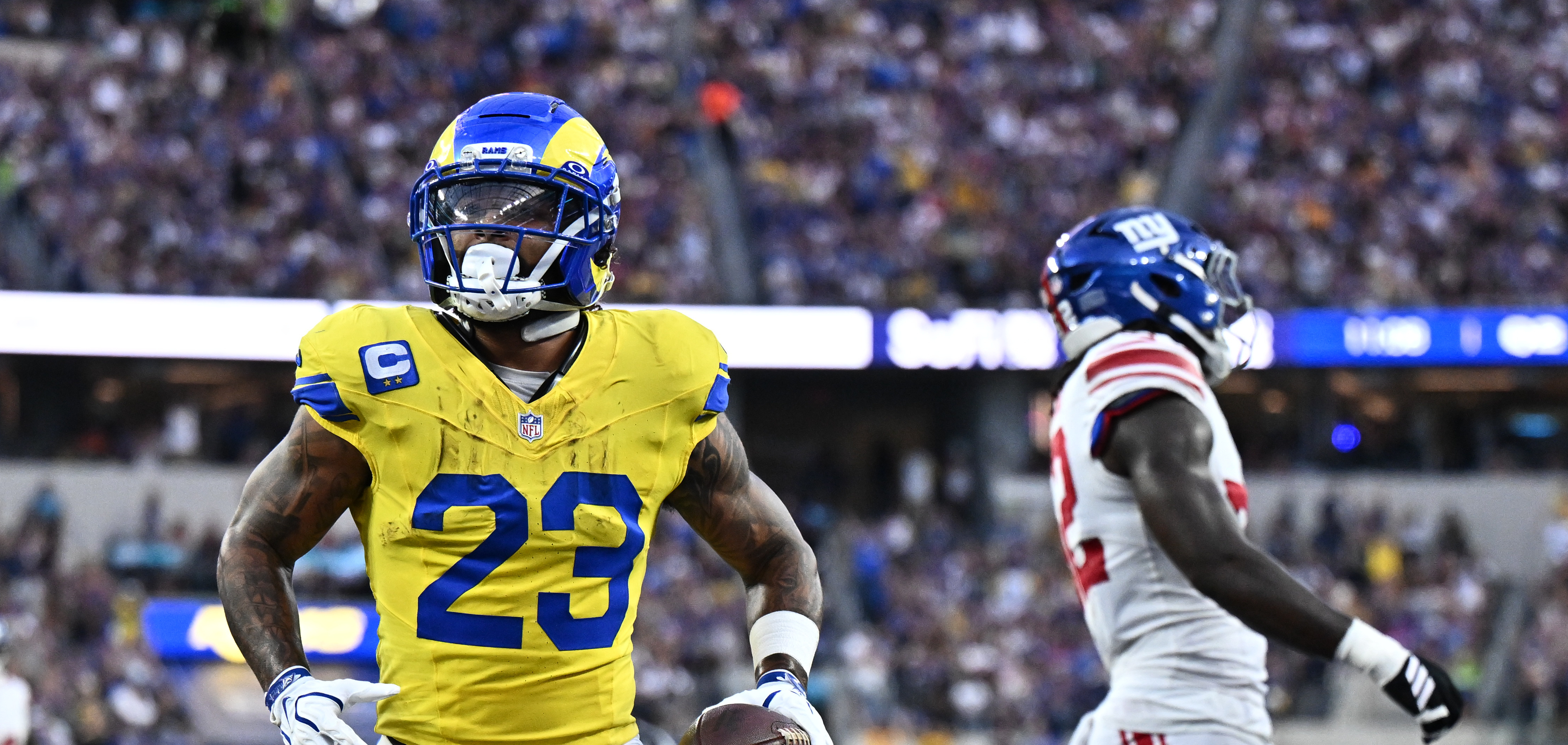 Pictured: Los Angeles Rams running back Kyren Williams scores a touchdown as we look at the 2026-2027 Super Bowl odds