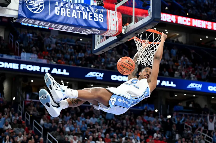 Armando Bacot #5 of the North Carolina Tar Heels dunks the ball as we look at our NC State vs. North Carolina prediction for the ACC Tournament Championship.