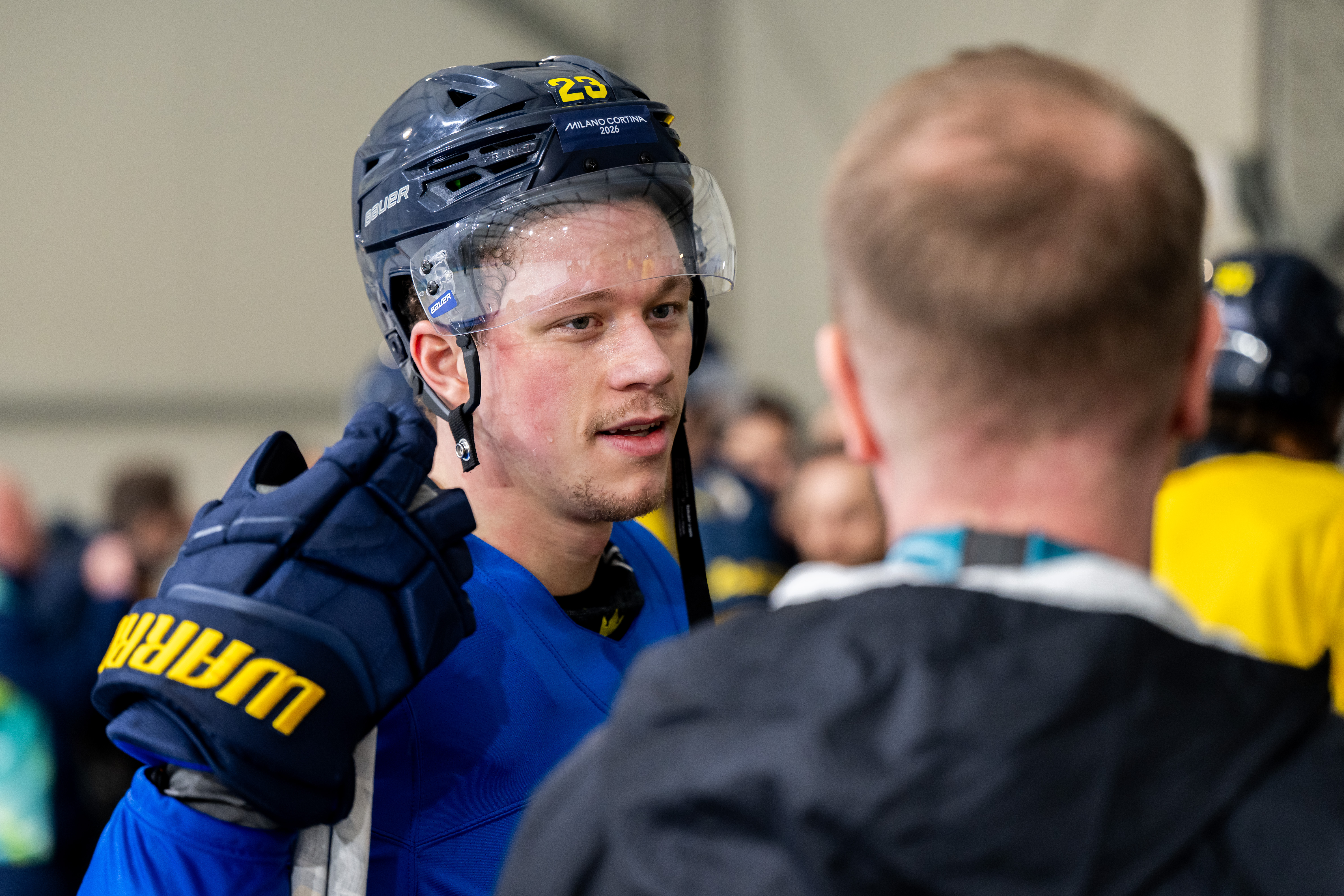  Lucas Raymond at an ice hockey practice session ahead of the Milan games, as we offer our Sweden vs. Italy prediction.