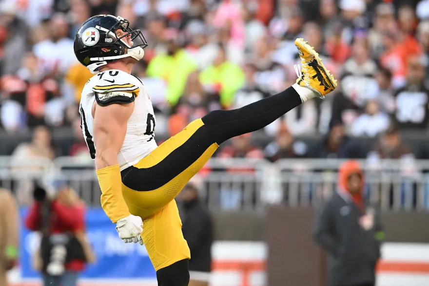 T.J. Watt of the Pittsburgh Steelers celebrates a sack as part of our Week 12 NFL Parlay picks and NFL predictions