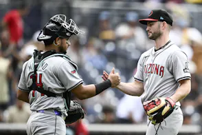 Arizona Diamondbacks relief pitcher Bryce Jarvis is congratulated by catcher Gabriel Moreno as we look at the plan for Arizona to expand it's sports betting scene in 2024.
