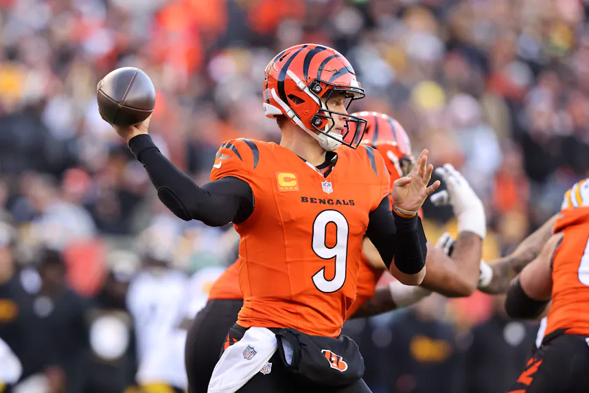 Cincinnati Bengals quarterback Joe Burrow drops to throw as we make our Joe Burrow player prop picks for Monday NIght Football.