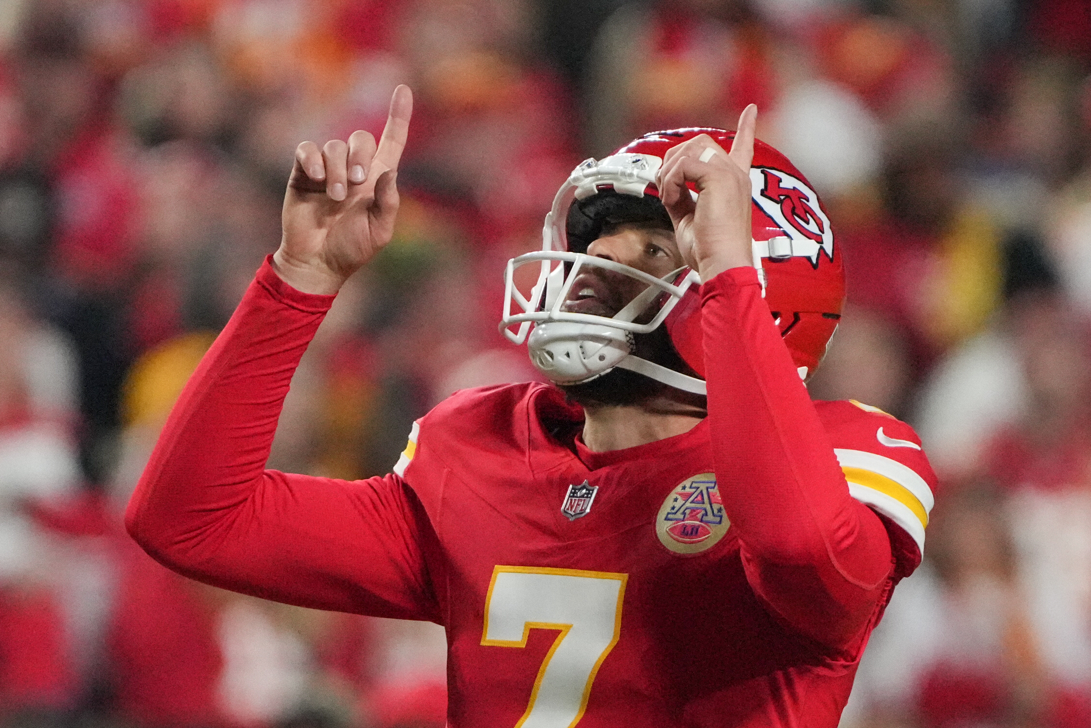 Kansas City Chiefs kicker Harrison Butker celebrates as we look at concerns around problem gambling and harassment ahead of the Missouri launch