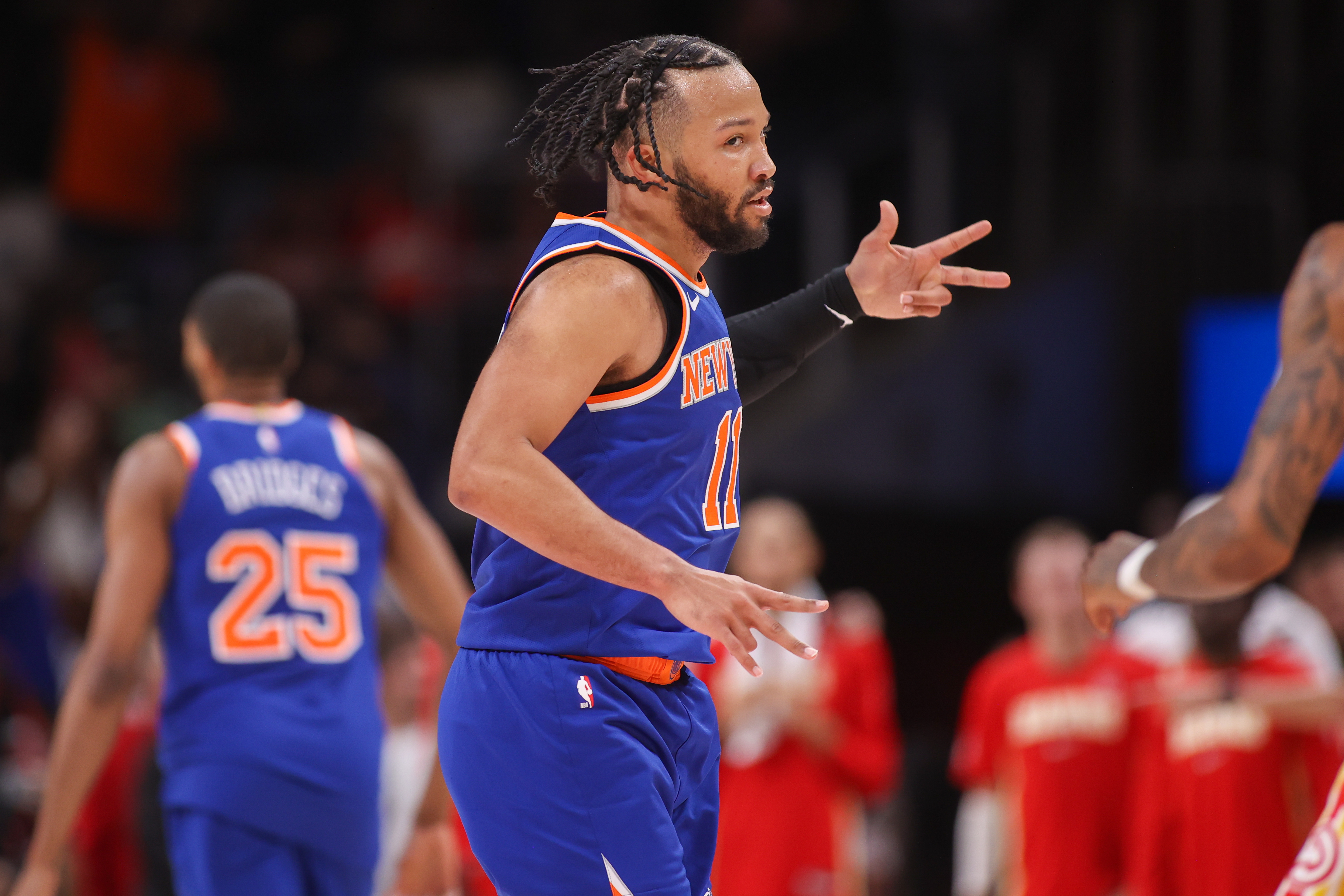 New York Knicks guard Jalen Brunson (11), seen here reacting after a basket, is featured in our Knicks vs. Pistons player props.