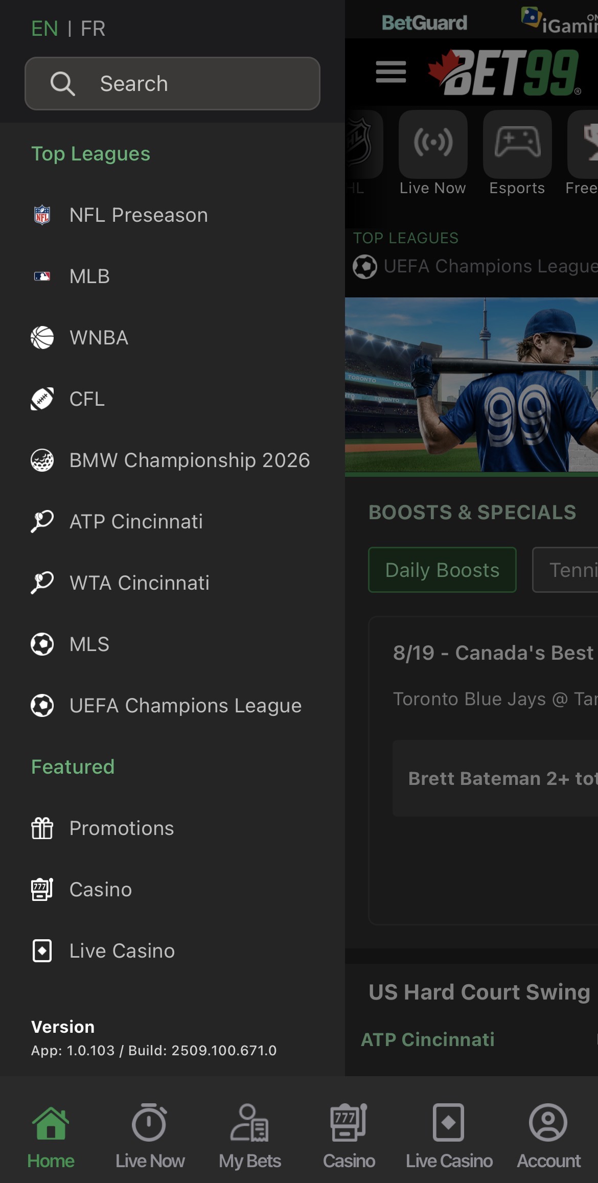 BET99 mobile app side menu showing a list of sports and a Featured tab.