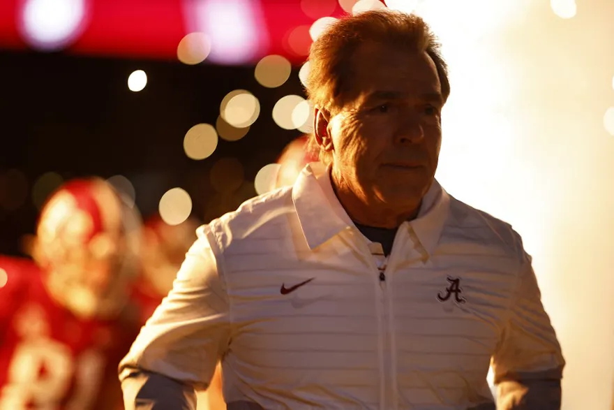 Head coach Nick Saban of the Alabama Crimson Tide looks on as we look at the 2024 SEC championship odds.