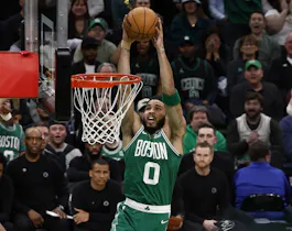 Jayson Tatum of the Boston Celtics goes up for a dunk as we look at our best Cavaliers vs. Celtics player props for Game 1