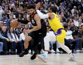Jamal Murray of the Denver Nuggets drives as we look at our best Nuggets vs. Lakers Game 3 player props