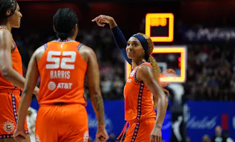 Connecticut Sun guard DiJonai Carrington (21) after her basket as we offer our best Sparks vs. Sun prediction and expert picks for Tuesday's WNBA matchup in Uncasville, Conn.