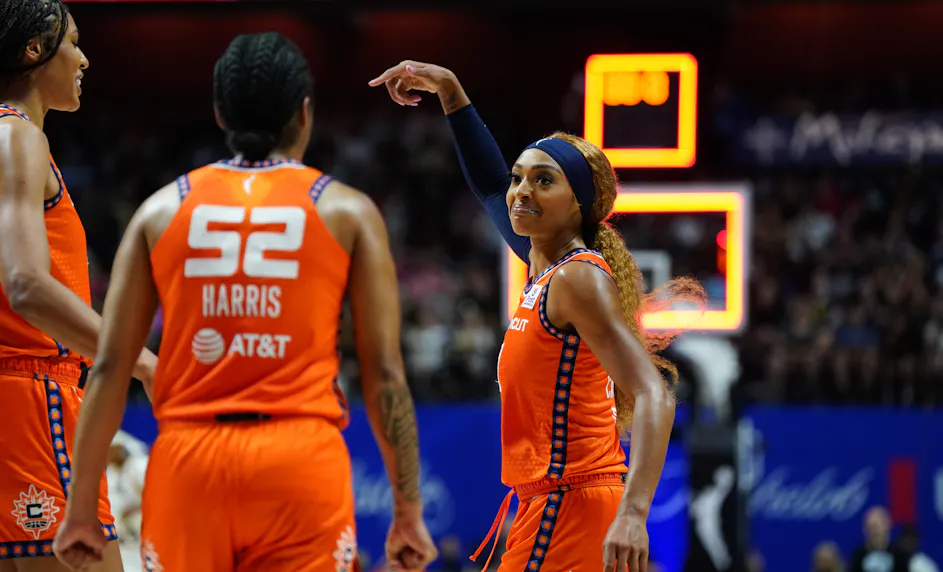 Connecticut Sun guard DiJonai Carrington (21) after her basket as we offer our best Sparks vs. Sun prediction and expert picks for Tuesday's WNBA matchup in Uncasville, Conn.
