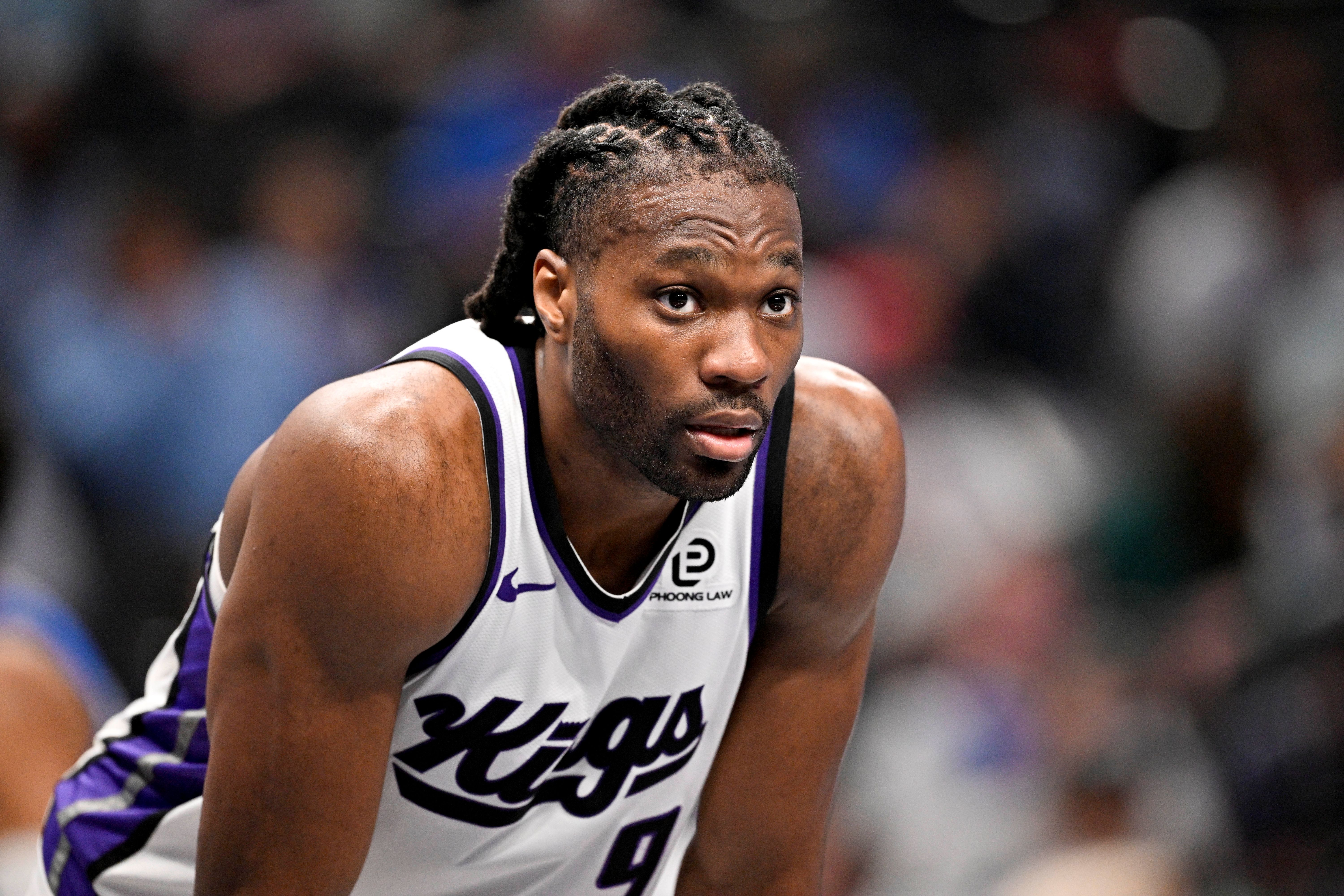 Sacramento Kings forward Precious Achiuwa (9), seen here looking on during a game, is featured in our NBA player props today.