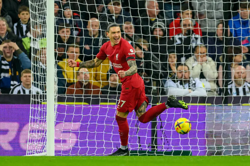 Darwin Nunez of Liverpool celebrates a goal 0-1 between Newcastle United and Liverpool on Feb. 18. Will the Reds emerge in our Real Madrid vs. Liverpool picks?