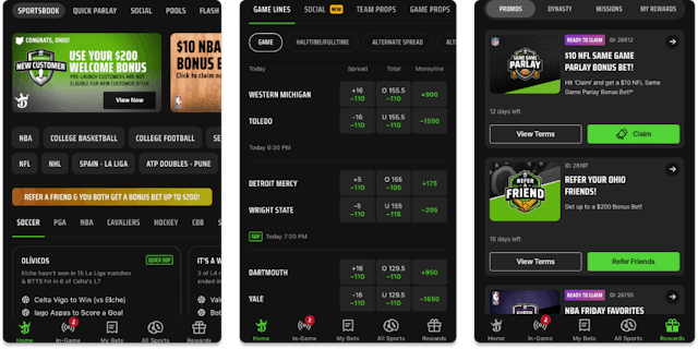 Screenshots of the DraftKings Sportsbook iOS app.