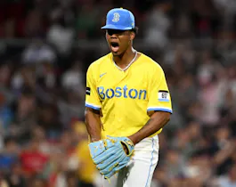 Brayan Bello of the Boston Red Sox reacts after the final out of the fifth inning of a game against the Kansas City Royals, and we offer our MLB best bets and player props for Opening Day based on the best MLB odds.