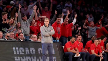 Head coach Dusty May of the Florida Atlantic Owls looks on during the NCAA Men's Basketball Tournament at Madison Square Garden in New York City. Photo by Al Bello/Getty Images via AFP.