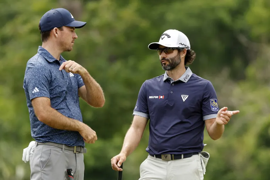 Adam Hadwin and Nick Taylor of Canada wait to putt on the 15th green as we make our best Zurich Classic picks.