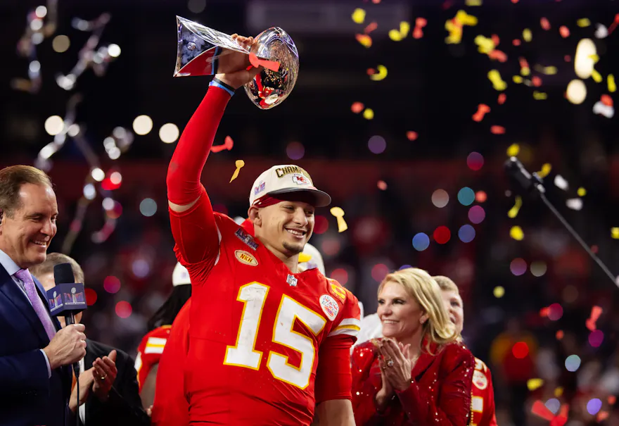 Kansas City Chiefs quarterback Patrick Mahomes (15) celebrates as we examine the latest 2025 Super Bowl odds with our best predictions and expert picks.