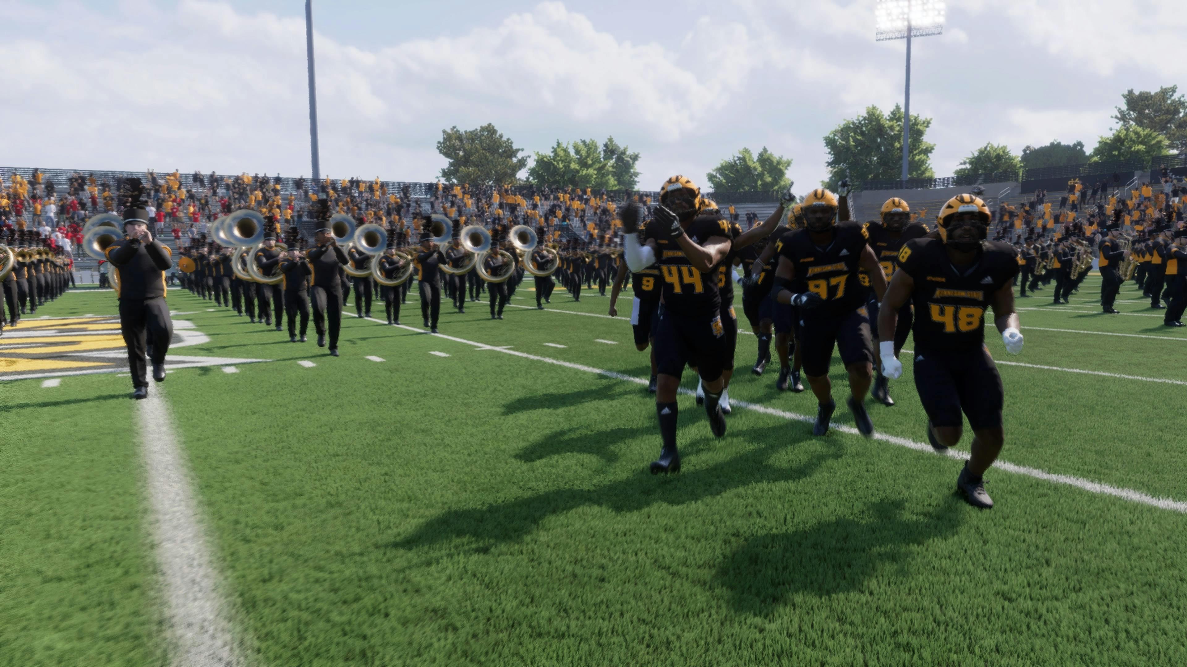 Kennesaw State entering Fifth Third Stadium before a game in dynasty mode. Screenshot via EA Sports College Football 25.