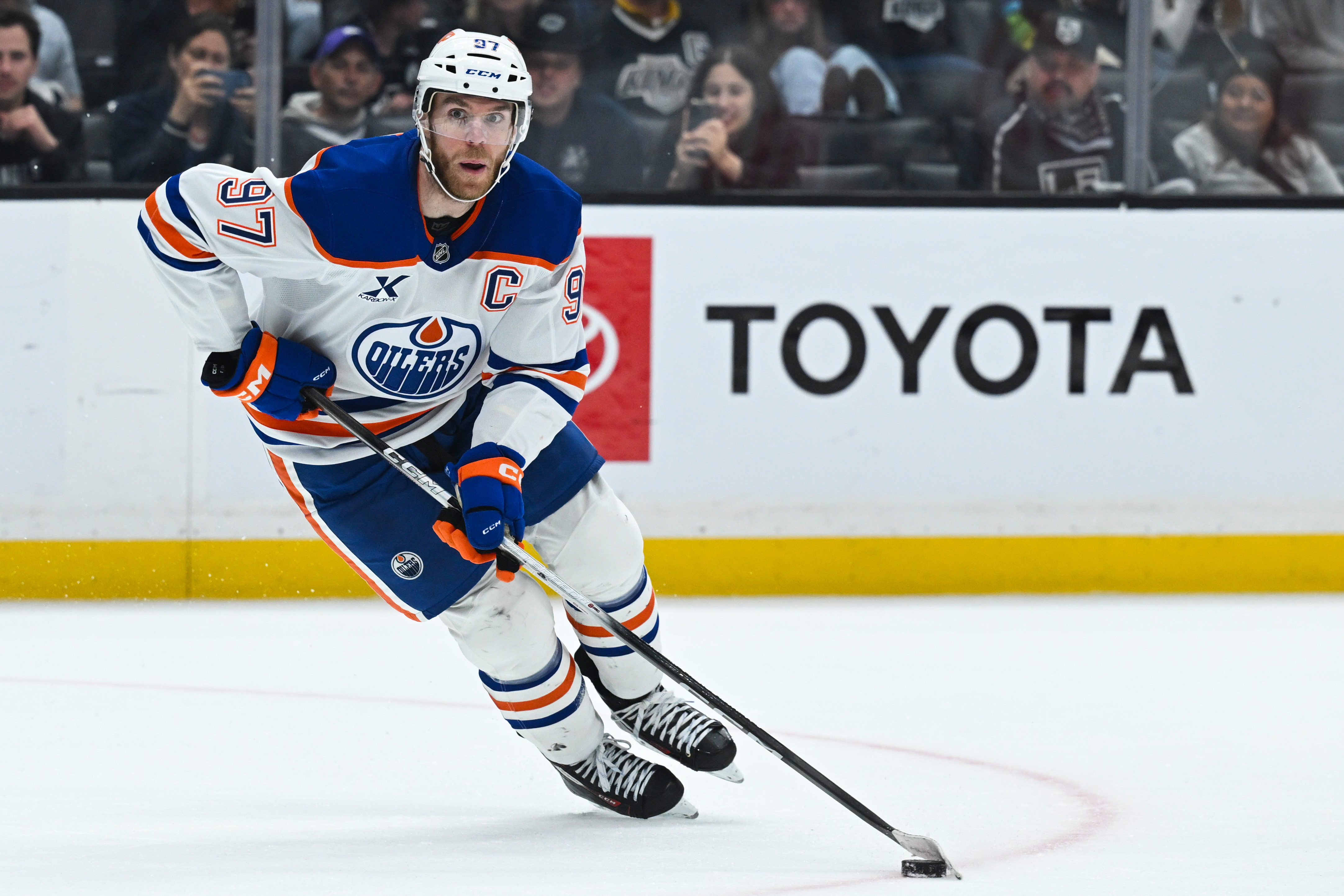 Edmonton Oilers center Connor McDavid (97) skates with the puck as we break down our Oilers vs. Golden Knights prediction & odds.