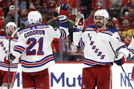 Chris Kreider and Barclay Goodrow of the New York Rangers celebrate as we look at the best 2024 Stanley Cup odds.