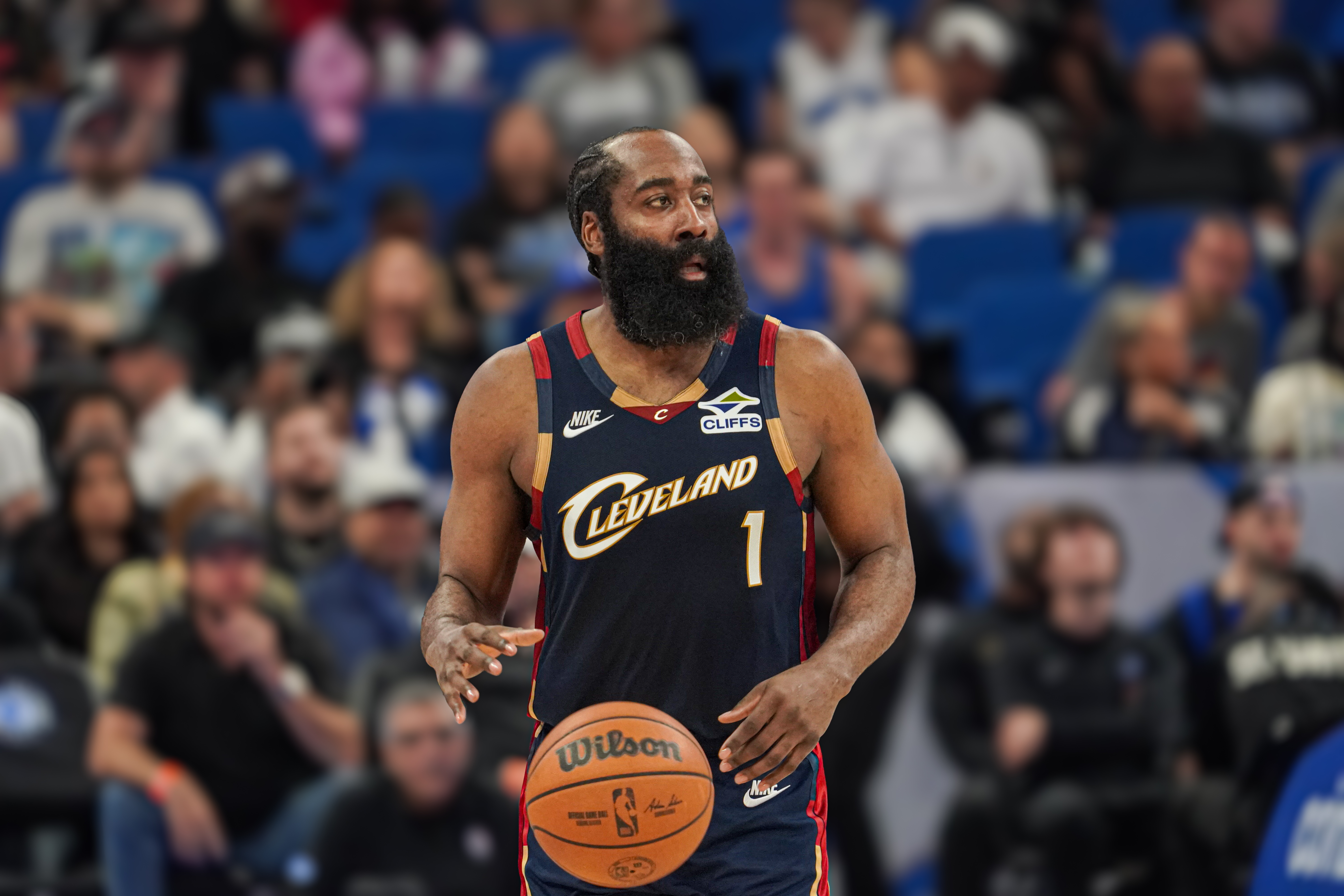 Cleveland Cavaliers guard James Harden (1), seen here controlling the ball, is featured in our NBA player props tonight.