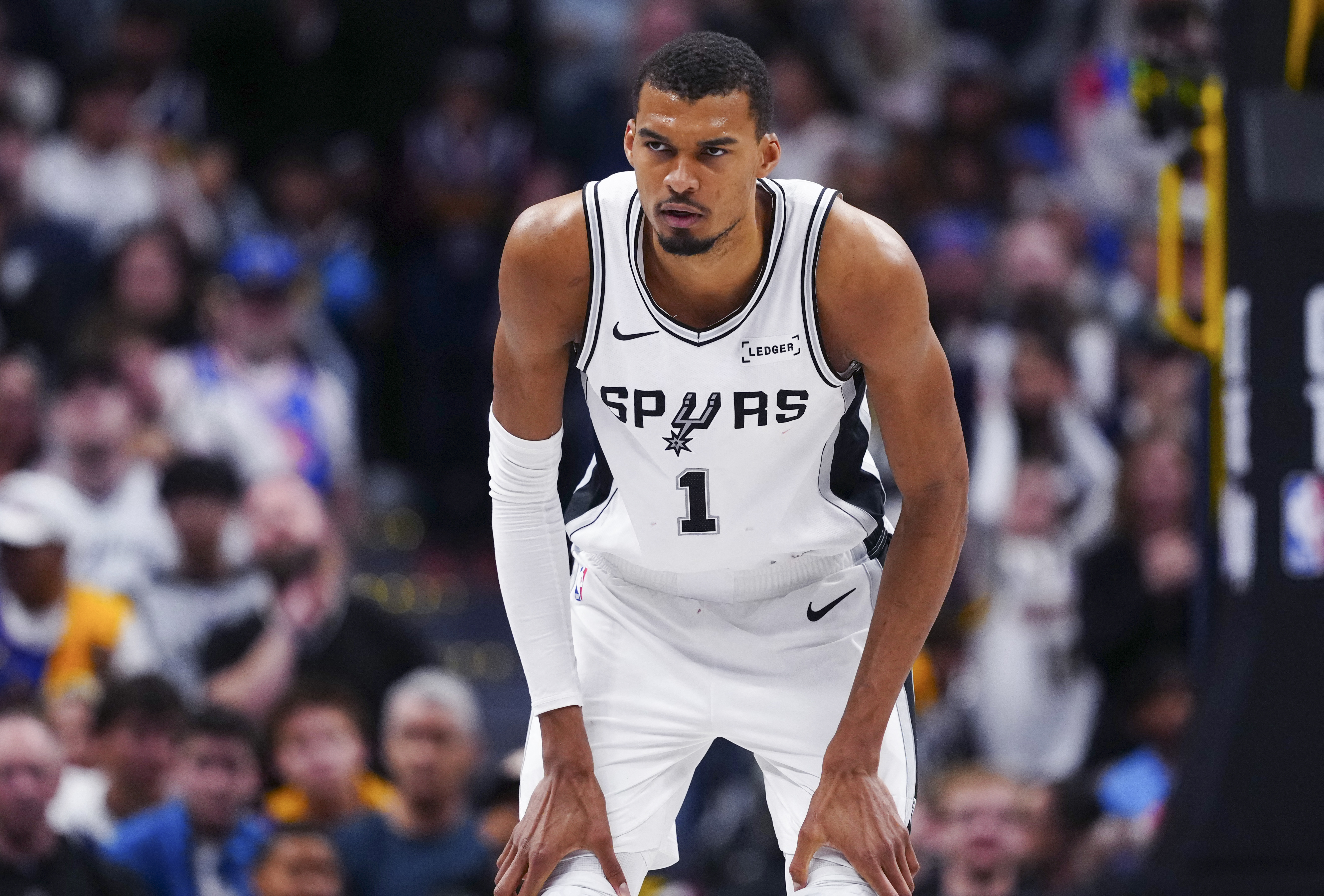 San Antonio Spurs forward Victor Wembanyama (1), seen here during a game, is featured in our NBA player props today.