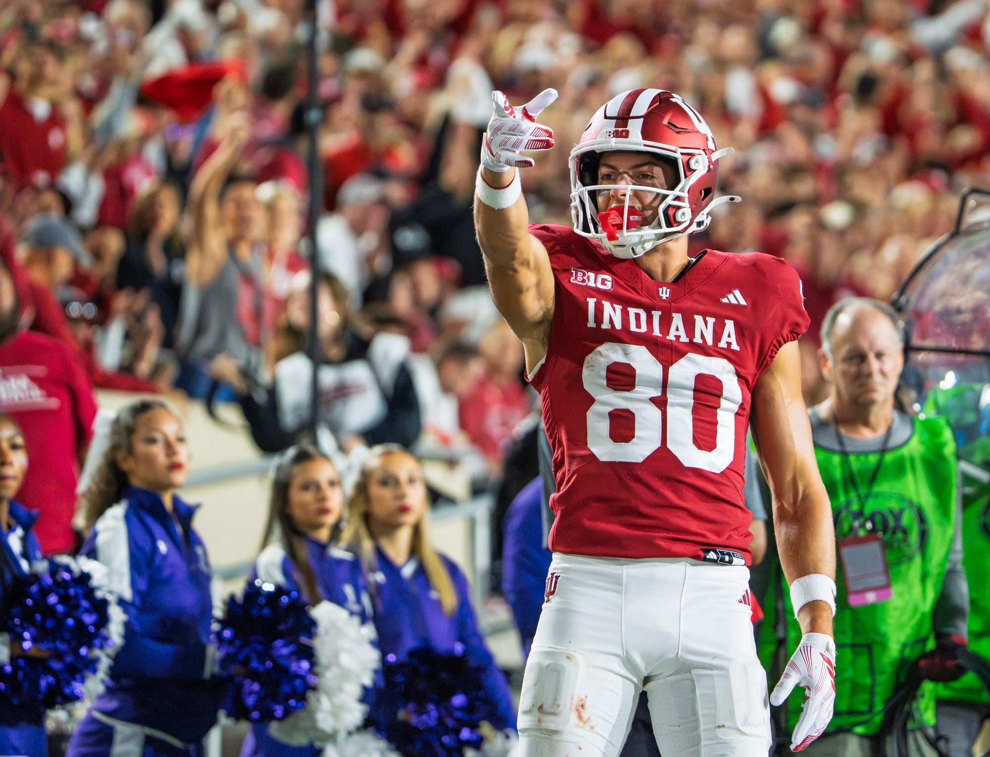 Indiana's Charlie Becker (80) celebrates a first down as he is featured in our College Football anytime touchdown scorer predictions for Week 7.