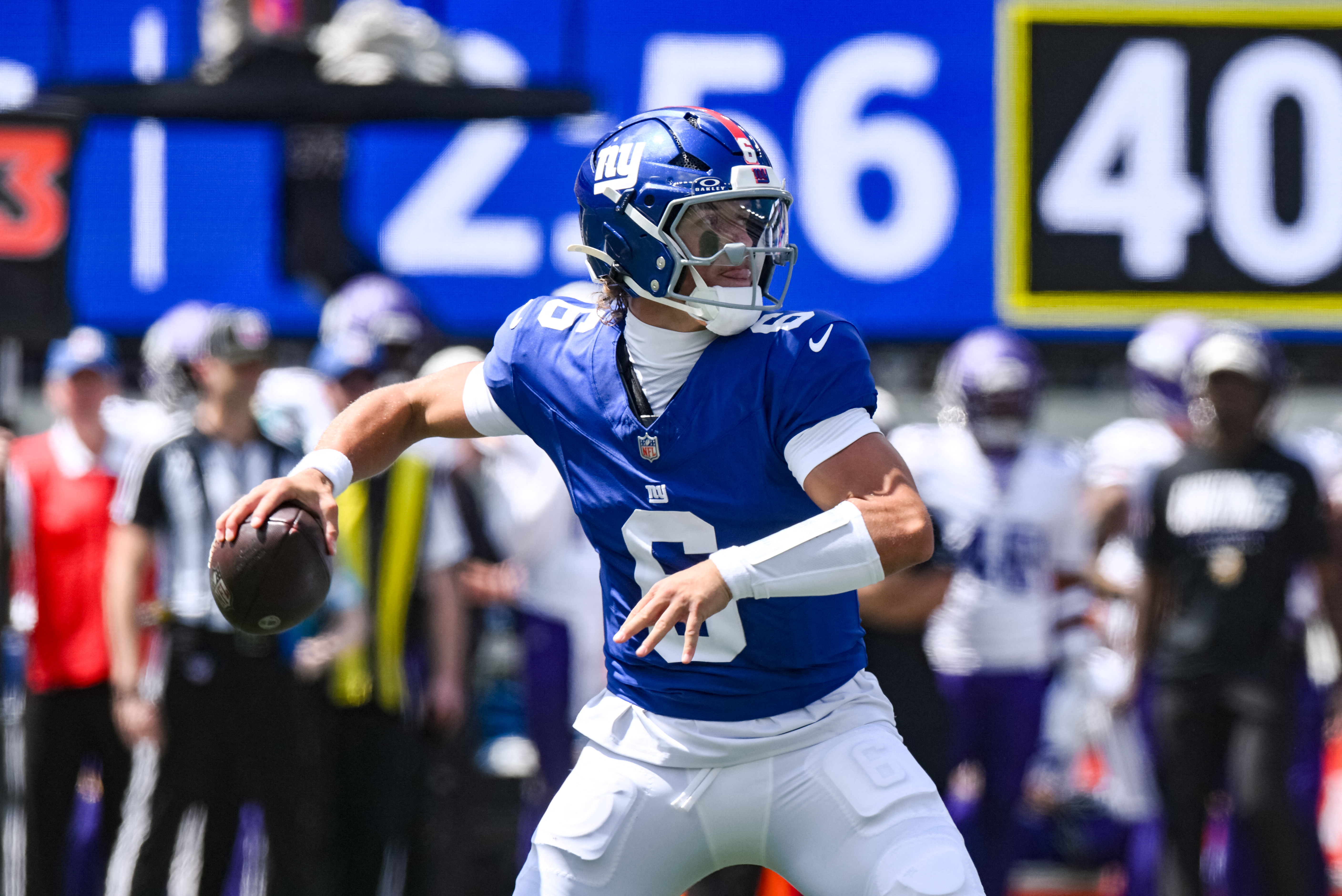 Pictured: NY quarterback Jaxson Dart throwing a pass as we break down our Cowboys vs. Giants SGP Picks Week 1. Photo by John Jones-Imagn Images.