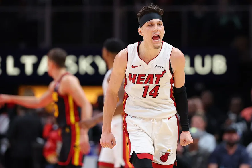 Tyler Herro of the Miami Heat reacts after a basket against the Atlanta Hawks as we look at Prizepicks and Underdog Daily Fantasy returning to Florida.
