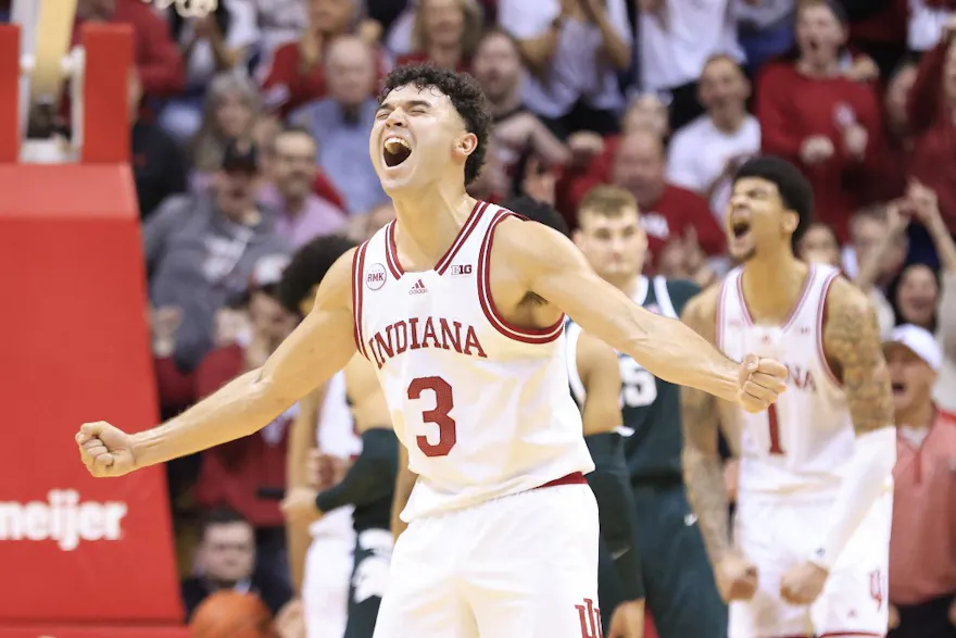 Anthony Leal #3 of the Indiana Hoosiers reacts after a play as we look at the Indiana sports betting financials for February 2024.