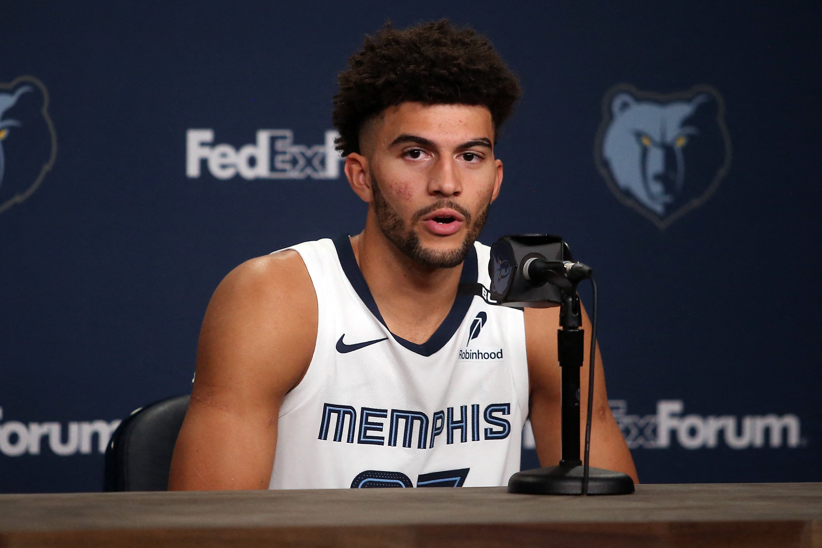 Memphis Grizzlies forward Cameron Boozer (27) speaks at media day as we take a closer look at the NBA Rookie of the Year odds.