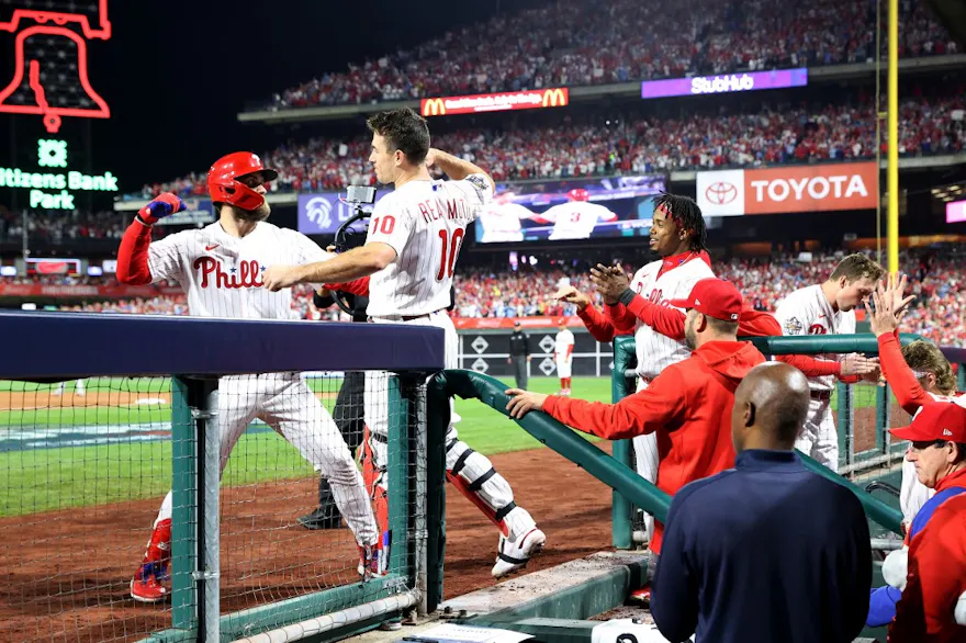 Bryce Harper of the Philadelphia Phillies celebrates his two-run home run against the Houston Astros with teammate J.T. Realmuto during the first inning in Game 3 of the 2022 World Series at Citizens Bank Park on November 01, 2022.